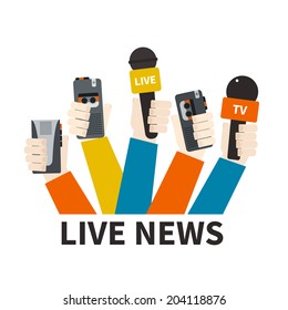 Journalism concept vector - set of hands holding microphones and voice recorders. Live news template. Press illustration.