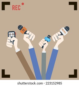 Journalism concept vector - set of hands holding microphones and voice recorders. Live news template. Press illustration.