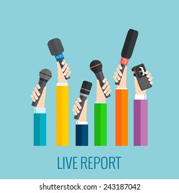 Journalism concept vector - set of hands holding microphones and voice recorders. Live news template. Press illustration.