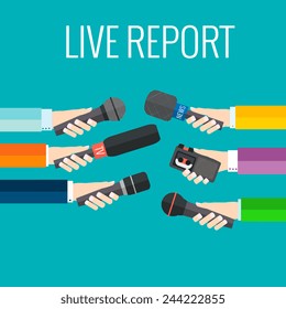 Journalism concept vector - set of hands holding microphones and voice recorders. Live news template. Press illustration.