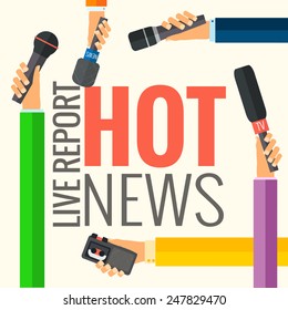 Journalism concept vector - set of hands holding microphones and voice recorders. Live news template. Press illustration.