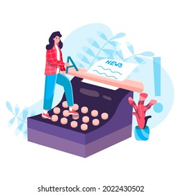 Journalism concept. Woman journalist writes news on vintage typewriter. Creative writer or work in online mass media Symbol character scene. Vector illustration in flat design with people activities