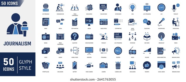 Journalism flat icon set. Containing journalist, press, news, reporter, podcast, microphone, interview, newspaper, and more. Vector illustration