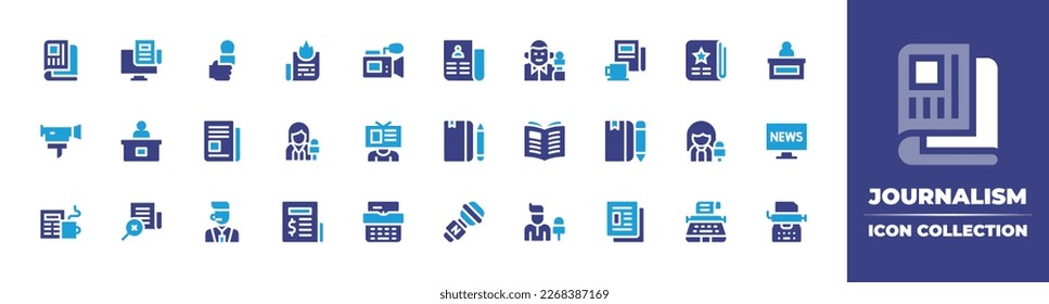 Journalism icon collection. Duotone color. Vector illustration. Containing newspaper, press, breaking news, video camera, journalist, coffee, news, camera, reporter, live streaming, travel journal.