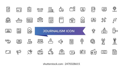 Journalism icon collection. Related to journalist, news, microphone, interview, reporter, podcast, press badge, newspaper and radio. Line icons set.