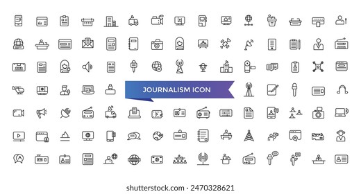 Journalism icon collection. Related to journalist, news, microphone, interview, reporter, podcast, press badge, newspaper and radio. Line icons set.