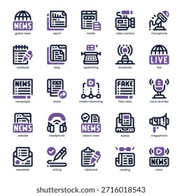 Jornalismo Icon pack para o seu site, celular, apresentação e design de logotipo. Design de tons duplos de ícone de jornalismo. Ilustração de gráficos vetoriais e traçado editável.