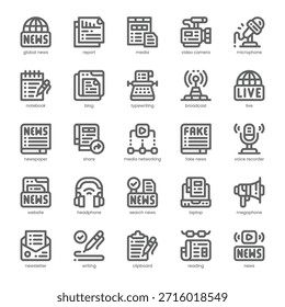 Jornalismo Icon pack para o seu site, celular, apresentação e design de logotipo. Desenho de esboço de Ícone de Jornalismo. Ilustração de gráficos vetoriais e traçado editável.