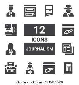 journalism icon set. Collection of 12 filled journalism icons included Newspaper, Evidence, News reporter, Typewriter, Journalist, Press