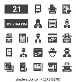journalism icon set. Collection of 21 filled journalism icons included Typewriter, Press, Newspaper, Journalist, Evidence, News reporter