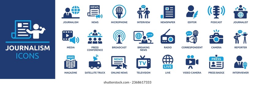 Journalism icon set. Containing journalist, news, microphone, interview, reporter, podcast, press badge, newspaper and radio. Solid icons collection. Vector illustration.