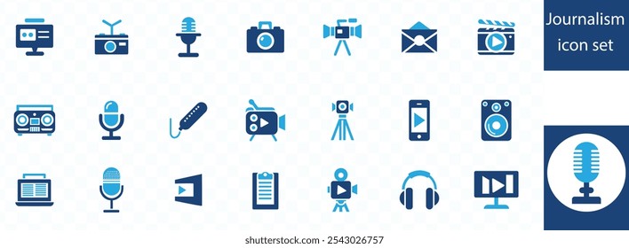 Journalism icon set. Containing journalist, news, microphone, interview, reporter, podcast, press badge, newspaper and radio. Solid icons collection