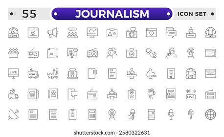 Journalism icon set. Containing journalist, news, microphone, interview, reporter, podcast, press badge, newspaper and radio. Outline icons collection. Vector illustration.
