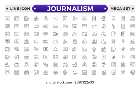Journalism icon set. Containing journalist, news, microphone, interview, reporter, podcast, press badge, newspaper and radio. Outline icons collection. Vector illustration.
