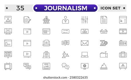 Journalism icon set. Containing journalist, news, microphone, interview, reporter, podcast, press badge, newspaper and radio. Outline icons collection. Vector illustration.
