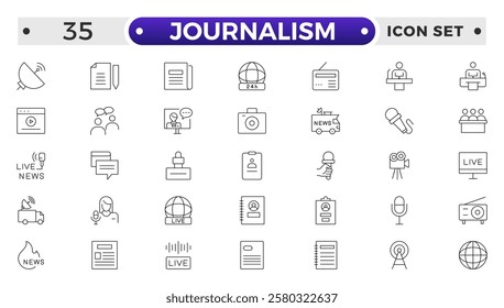 Journalism icon set. Containing journalist, news, microphone, interview, reporter, podcast, press badge, newspaper and radio. Outline icons collection. Vector illustration.
