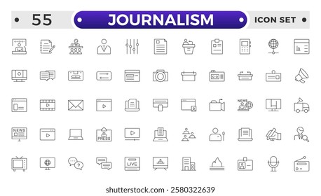 Journalism icon set. Containing journalist, news, microphone, interview, reporter, podcast, press badge, newspaper and radio. Outline icons collection. Vector illustration.
