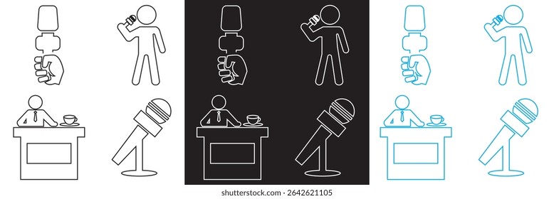Ícone Jornalismo . Vetor para Microfone, jornalista, repórter, entrevista, jornal etc isolado no fundo branco e preto. Ilustração vetorial. EPS 10