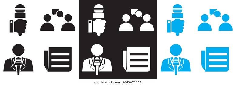 Journalism icon . Vector for Microphone, journalist,  reporter,  interview, newspaper etc. isolated on white and black background. Vector illustration. EPS 10