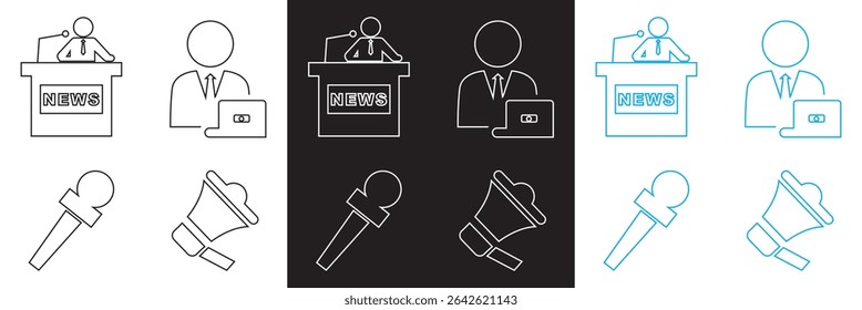Ícone Jornalismo . Vetor para Microfone, jornalista, repórter, entrevista, jornal etc isolado no fundo branco e preto. Ilustração vetorial. EPS 10