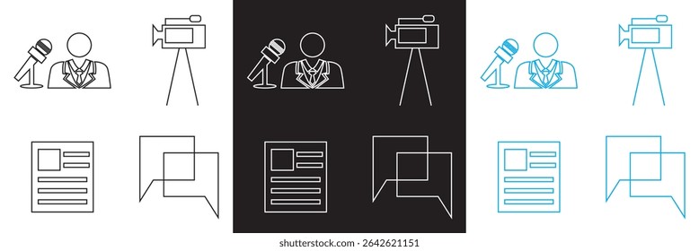 Ícone Jornalismo . Vetor para Microfone, jornalista, repórter, entrevista, jornal etc isolado no fundo branco e preto. Ilustração vetorial. EPS 10