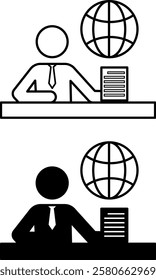 Journalism Icons. Black and White Vector Icons. Journalist Telling News. Man with Tie Sitting at Table and Holding News Sheet. Radio and TV journalism