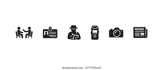 Journalism icons: interview, press pass, journalist, recorder, camera, news.