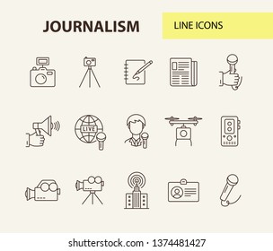 Journalism icons. Line icons collection on white background. Camera, newspaper, microphone. Mass media concept. Vector illustration can be used for topic like communication, broadcasting, television