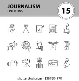 Journalism icons. Line icons collection on white background. Camera, newspaper, microphone. Mass media concept. Vector illustration can be used for topic like communication, broadcasting, television