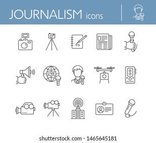 Journalism icons. Line icons collection on white background. Camera, newspaper, microphone. Mass media concept. Vector illustration can be used for topic like communication, broadcasting, television