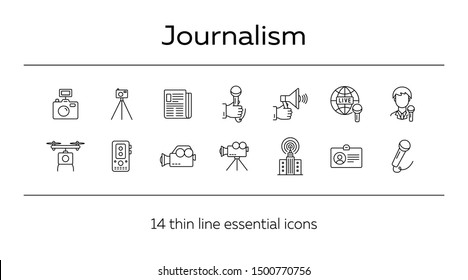 Journalism icons. Line icons collection on white background. Camera, newspaper, microphone. Mass media concept. Vector illustration can be used for topic like communication, broadcasting, television