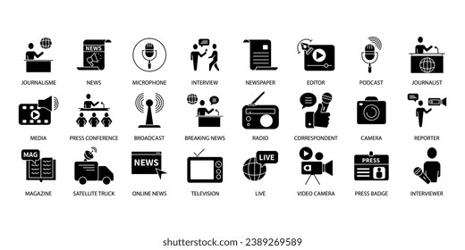 Journalism icons set. Set of editable stroke icons.Vector set of Journalism