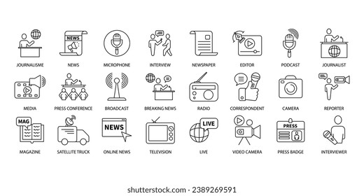 Journalism icons set. Set of editable stroke icons.Vector set of Journalism