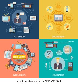 Journalism icons set with online and world news symbols flat isolated vector illustration 