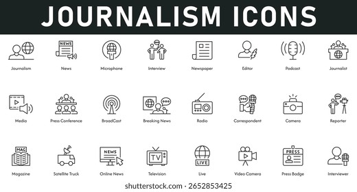 Journalism Icons vector illustration with thin line editable stroke containing news microphone interview editor press badge live TV magazine camera reporter radio broadcast media podcast