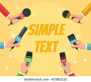 Journalism interview. Microphone in the hands. Vector flat cartoon illustration