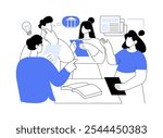 Journalism isolated cartoon vector illustrations. Group of smiling jornalist students work on a project together, higher education, community college, associate degree vector cartoon.