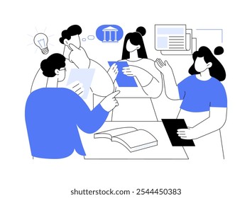 Journalism isolated cartoon vector illustrations. Group of smiling jornalist students work on a project together, higher education, community college, associate degree vector cartoon.