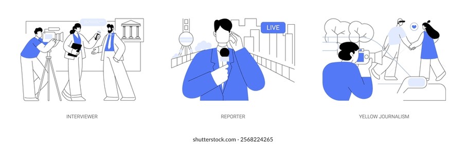 Journalism isolated cartoon vector illustrations set. Professional journalist with microphone interviewing person, reporter at work, breaking news, live broadcasting, yellow press vector cartoon.