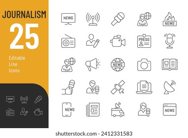 Journalism Line Editable Icons set. Vector illustration in modern thin line style of news media related icons: TV presenters, reporters, news sources, and more. Isolated on white.