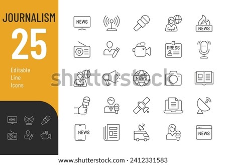 Journalism Line Editable Icons set. Vector illustration in modern thin line style of news media related icons: TV presenters, reporters, news sources, and more. Isolated on white.