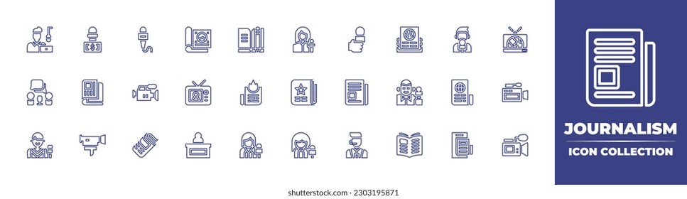 Colección de iconos de la línea de periodismo. Trazo editable. Ilustración vectorial. Consta de radiodifusión, medios de comunicación, micrófono, revista, revista, periodista, prensa, correo, noticias, entrevista, periódico.