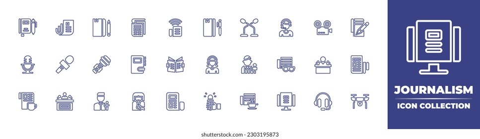 Journalism line icon collection. Editable stroke. Vector illustration. Containing journal, newspaper, travel journal, news, notebook, press conference, reporter, video, microphone, journalism, diary.
