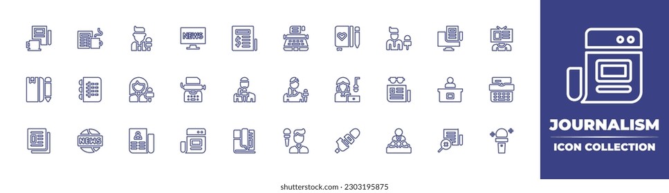 Journalism line icon collection. Editable stroke. Vector illustration. Containing coffee, coffee mug, journalist, news, newspaper, typewriter, diary, live streaming, journal, reporter, broadcasting.