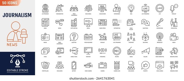 Journalism line icon set. Containing journalist, press, news, reporter, podcast, microphone, interview, newspaper, and more. Editable stroke. Vector illustration