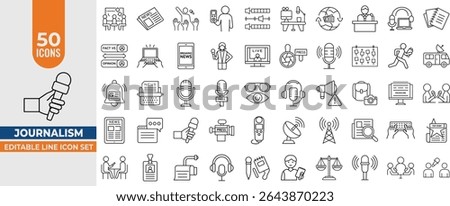 Journalism Line Icon Set – Editable Vector Icons for Press, News, Reporters, Podcasts and Interviews. Editable Stroke. Vector illustration