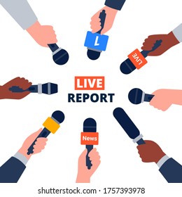 Journalism, live report, breaking news concept. Hands with colorful microphones. Flat vector illustration. 