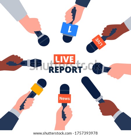 Journalism, live report, breaking news concept. Hands with colorful microphones. Flat vector illustration. 
