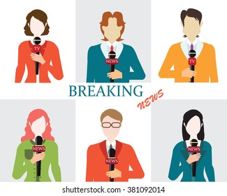 Journalism male and female reporters holding microphones, Live news template, Live broadcast, world news, conceptual vector illustration.