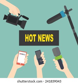 Journalism and mass media concept -  set of hands holding microphones and record video